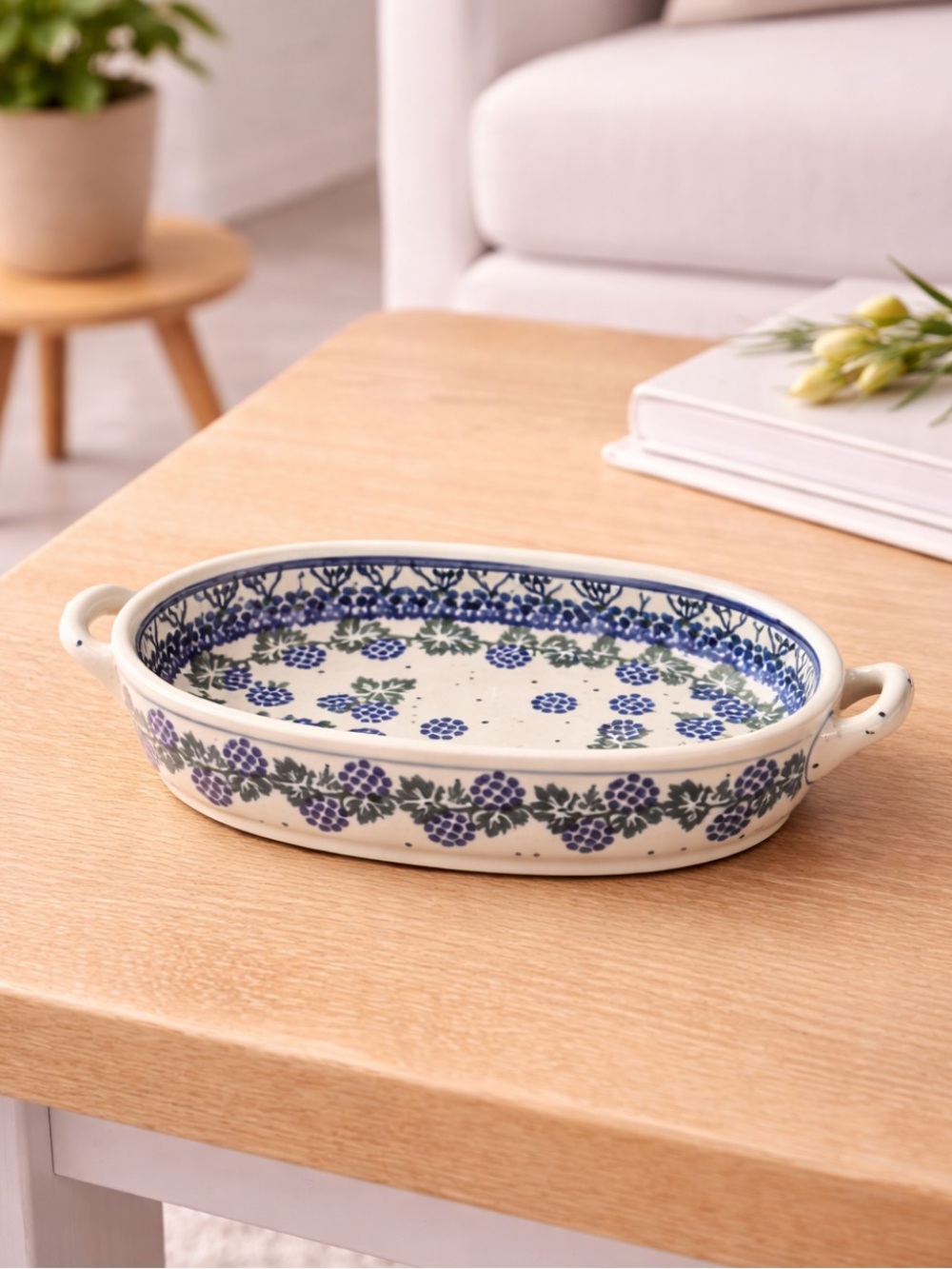 Ceramika Artystyczna Polish Pottery Oval Dish • Blue Green Floral • Hand Painted